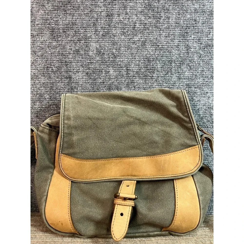 Canvas Messenger Bag Olive Drab Tan Leather Trim Buckle Flap Crossbody Shoulder